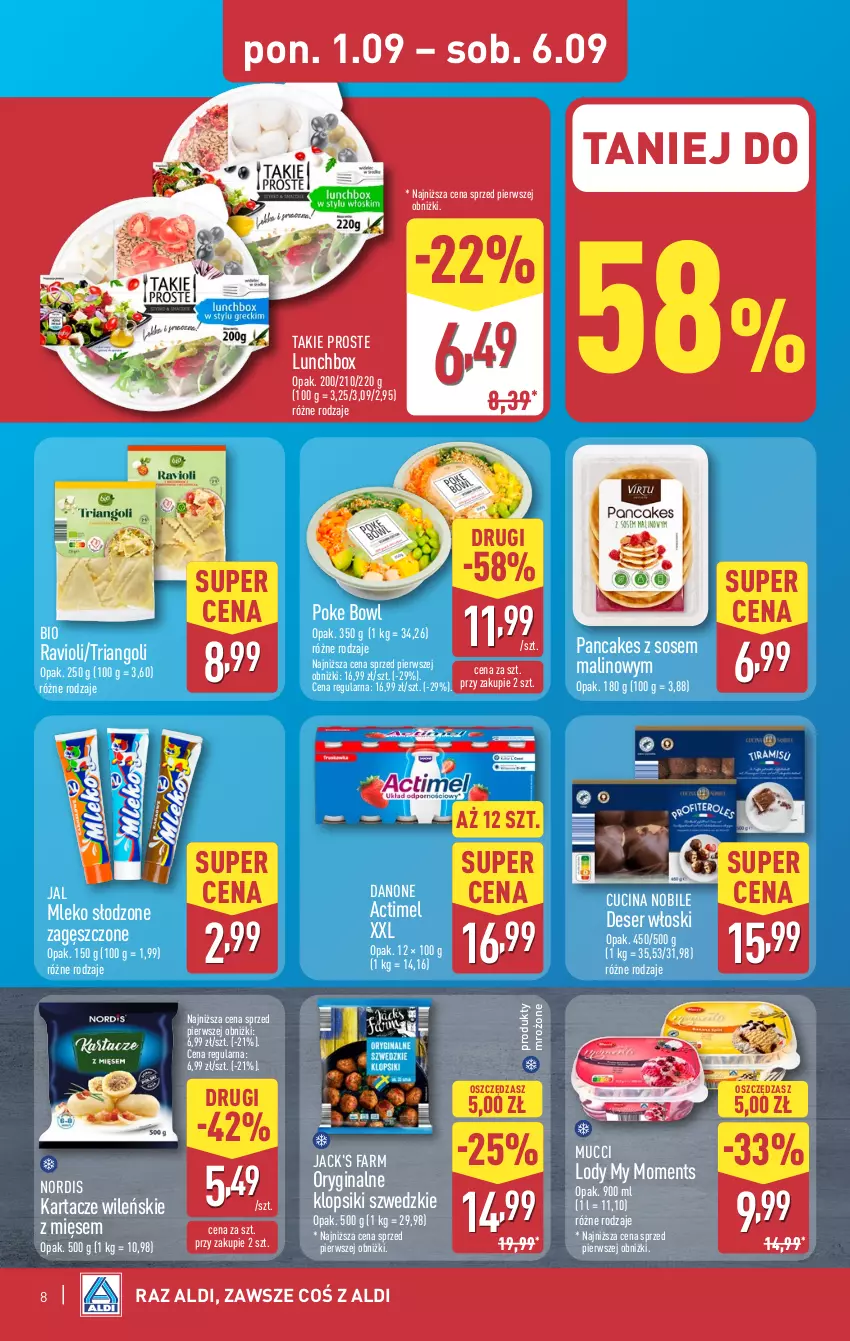 Gazetka promocyjna Aldi - Pełna oferta - ważna 01.09 do 06.09.2025 - strona 8 - produkty: Actimel, Danone, Deser, Fa, Gin, Klopsiki, Lody, Mleko, Moments, Produkty mrożone, Ser, Sos