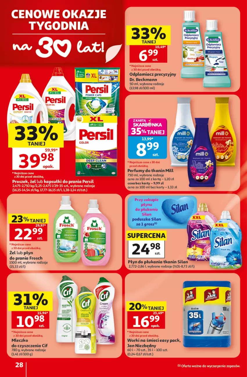 Gazetka promocyjna Auchan - Gazetka 30 Lat Hipermarket Auchan - ważna 09.07 do 15.07.2026 - strona 28 - produkty: Cif, Frosch, Jan Niezbędny, Mleczko, Odplamiacz, Perfum, Płyn do płukania, Płyn do prania, Silan, Worki na śmiec, Worki na śmieci