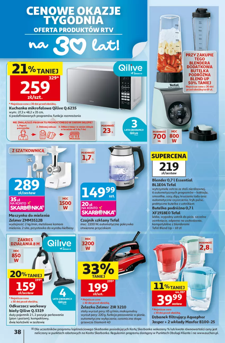 Gazetka promocyjna Auchan - Gazetka 30 Lat Hipermarket Auchan - ważna 09.07 do 15.07.2026 - strona 38 - produkty: Aquaphor, Blender, Czajnik, Dzbanek, Dzbanek filtrujący, Fa, Gra, Kuchenka mikrofalowa, Maszynka, Maszynka do mielenia, Odkurzacz, Pojemnik, Por, Smoothie, Sos, Szynka, Tefal, Top, Ustnik, Zelmer