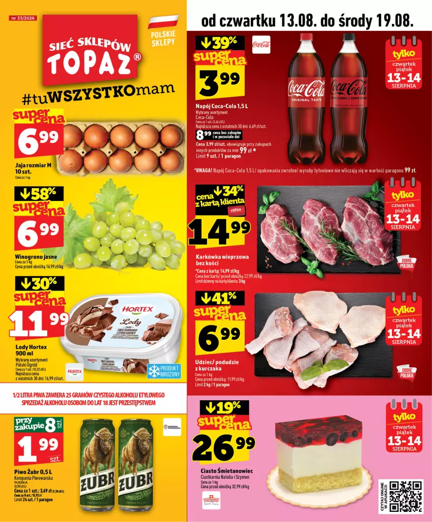 Gazetka promocyjna Topaz - Gazetka - ważna 13.08 do 19.08.2026 - strona 1 - produkty: Ciastka, Hortex, Jaja, Lody, Piwo