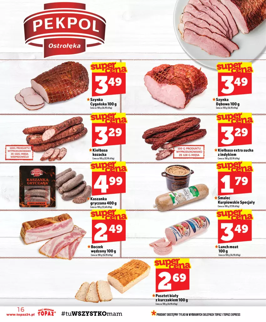 Gazetka promocyjna Topaz - Gazetka - ważna 13.08 do 19.08.2026 - strona 16 - produkty: Boczek, Gry, Karp, Kasza, Kaszanka, Kiełbasa, Kurczak, Pasztet, Smalec, Szynka, Top
