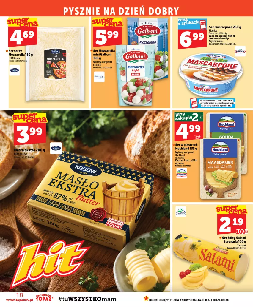 Gazetka promocyjna Topaz - Gazetka - ważna 13.08 do 19.08.2026 - strona 18 - produkty: Galbani, Hochland, Mascarpone, Mozzarella, Piątnica, Salami, Ser, Top