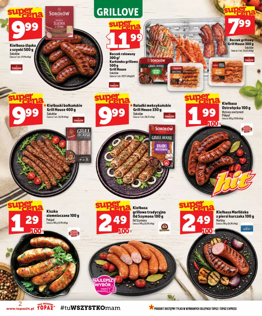 Gazetka promocyjna Topaz - Gazetka - ważna 13.08 do 19.08.2026 - strona 2 - produkty: Boczek, Grill, Kiełbasa, Kiełbasa śląska, Kurczak, Morliny, Sok, Sokołów, Top