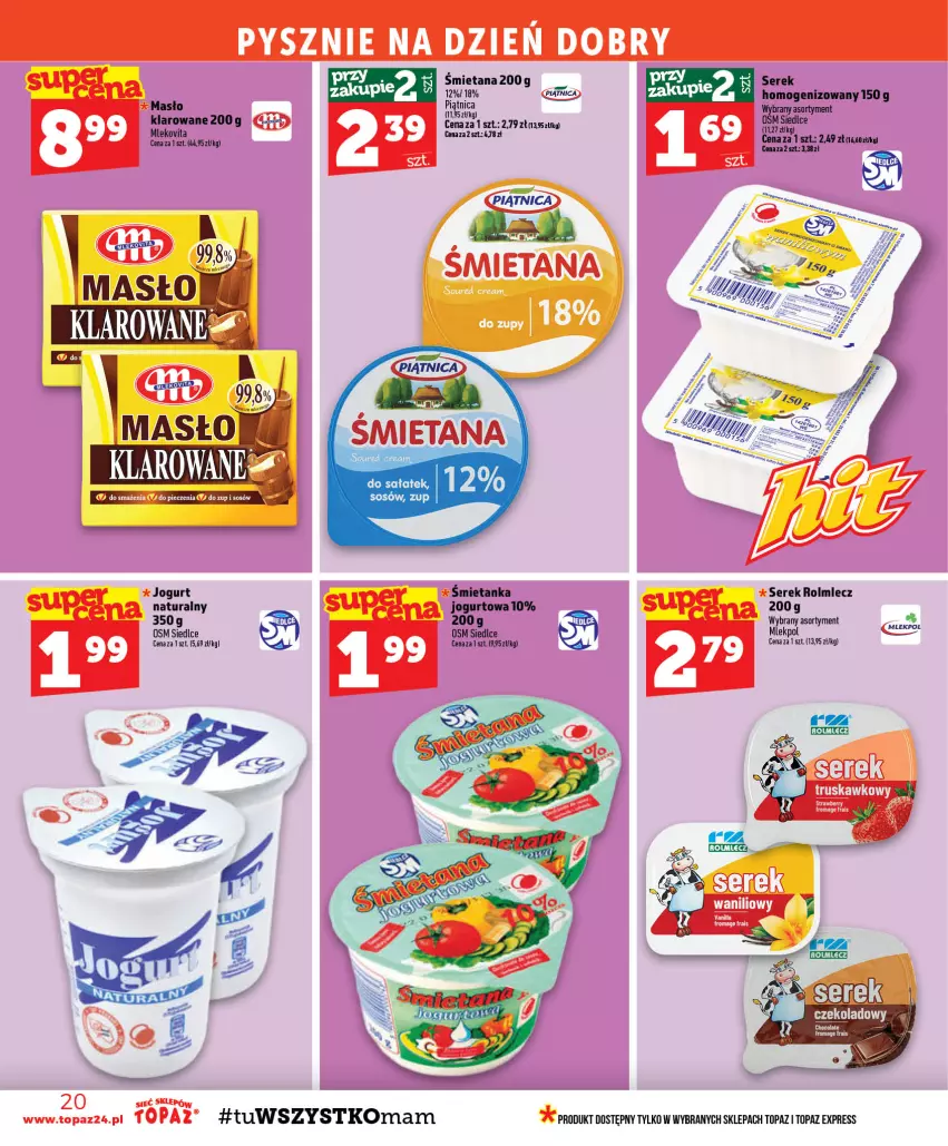 Gazetka promocyjna Topaz - Gazetka - ważna 13.08 do 19.08.2026 - strona 20 - produkty: Jogurt, Masło, Mleko, Mlekovita, Piątnica, Rolmlecz, Sałat, Ser, Serek, Top, Vita C