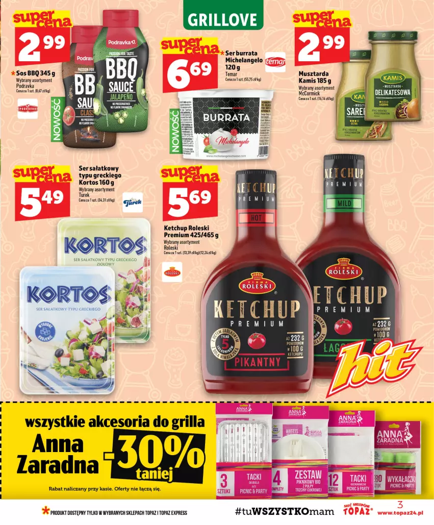 Gazetka promocyjna Topaz - Gazetka - ważna 13.08 do 19.08.2026 - strona 3 - produkty: Burrata, Kamis, Ketchup, Mus, Musztarda, Podravka, Sałat, Ser, Sos, Top