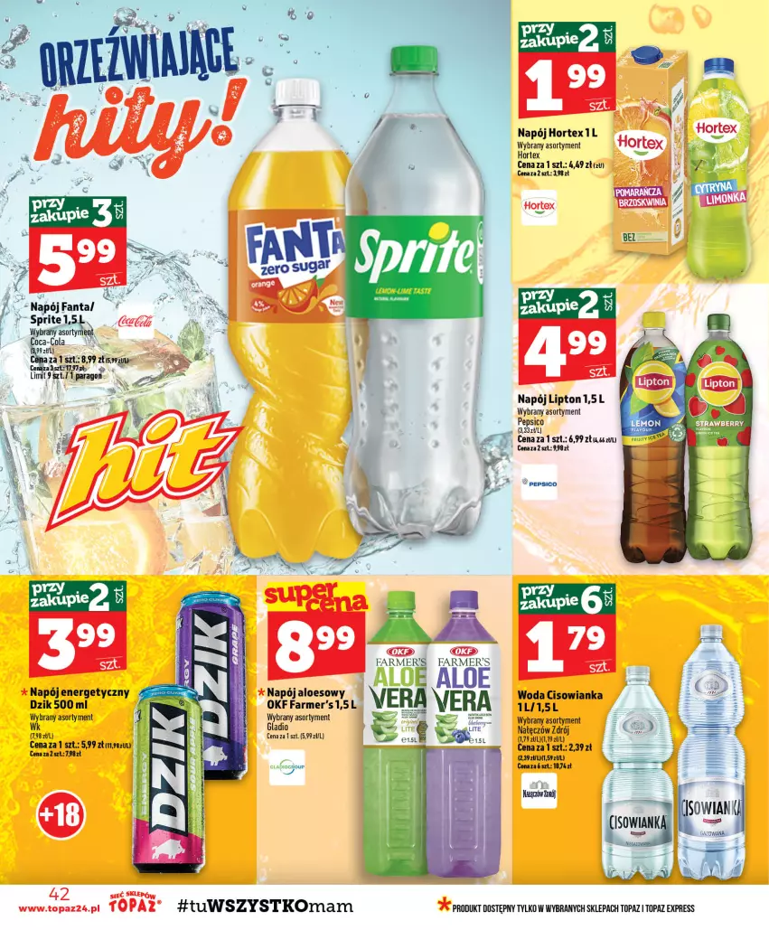 Gazetka promocyjna Topaz - Gazetka - ważna 13.08 do 19.08.2026 - strona 42 - produkty: Cisowianka, Fa, Fanta, Hortex, Lipton, Napój, Pepsi, Sprite, Top, Woda