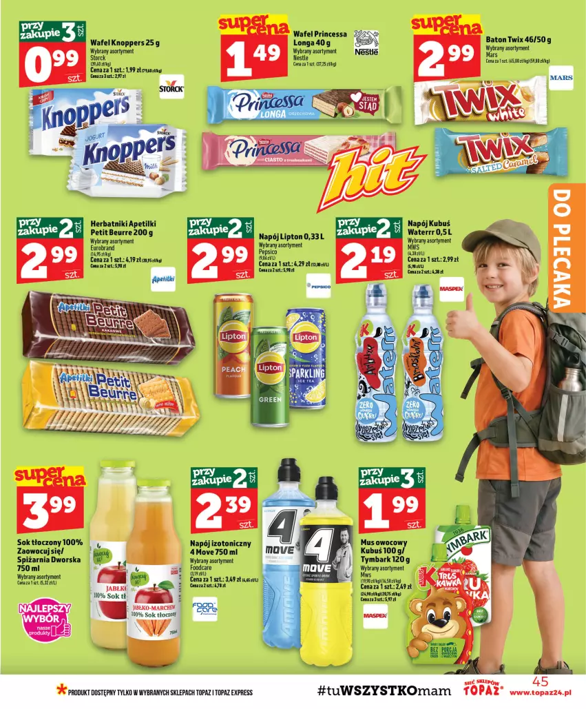 Gazetka promocyjna Topaz - Gazetka - ważna 13.08 do 19.08.2026 - strona 45 - produkty: Baton, Knoppers, Kubuś, Lipton, Mus, Napój, Napój izotoniczny, Pepsi, Princessa, Sok, Top, Twix, Tymbark
