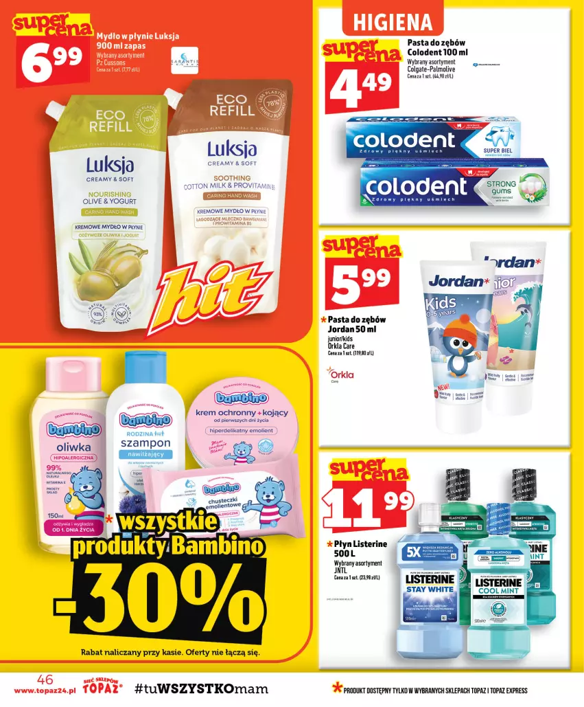 Gazetka promocyjna Topaz - Gazetka - ważna 13.08 do 19.08.2026 - strona 46 - produkty: Chusteczki, Colgate, LG, Listerine, Mydło, Mydło w płynie, Palmolive, Pasta do zębów, Top