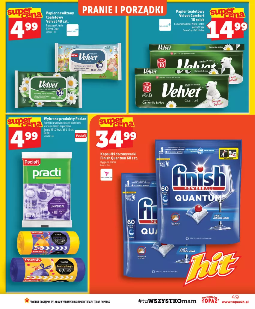 Gazetka promocyjna Topaz - Gazetka - ważna 13.08 do 19.08.2026 - strona 49 - produkty: Fa, Finish, Gin, Nawilżany papier, Papier, Papier toaletowy, Por, Rum, Siemens, Top, Velvet, Worki na śmiec, Worki na śmieci, Zmywarki