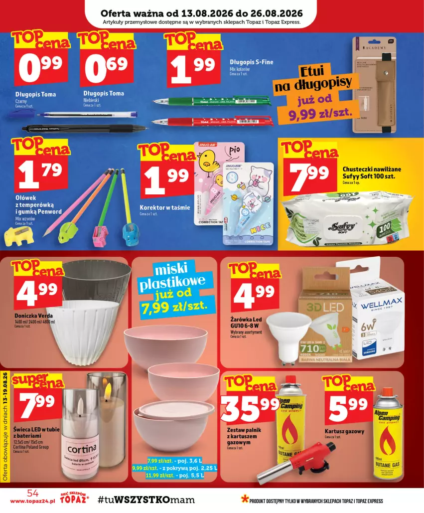 Gazetka promocyjna Topaz - Gazetka - ważna 13.08 do 19.08.2026 - strona 54 - produkty: Bateria, Chusteczki, Długopis, Top, Tusz