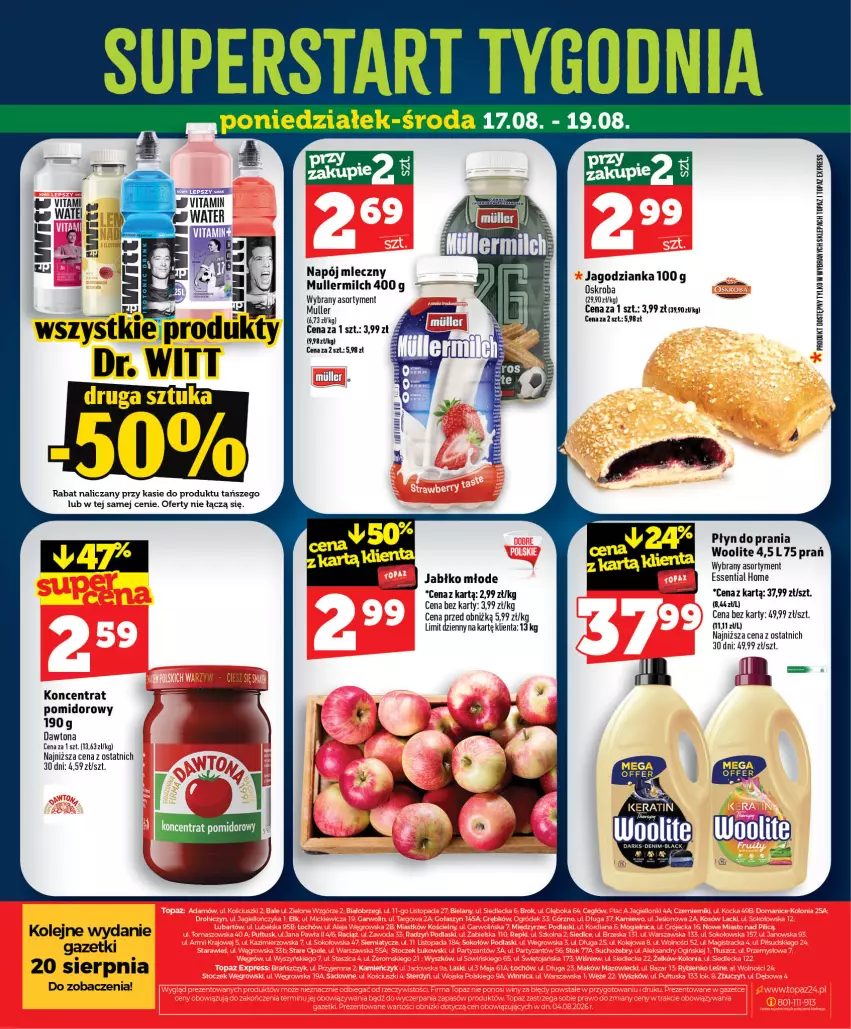 Gazetka promocyjna Topaz - Gazetka - ważna 13.08 do 19.08.2026 - strona 56 - produkty: Dawtona, Jagodzianka, Koncentrat pomidorowy, Lack, Napój, Napój mleczny, Olej, Płyn do prania, Top, Woolite