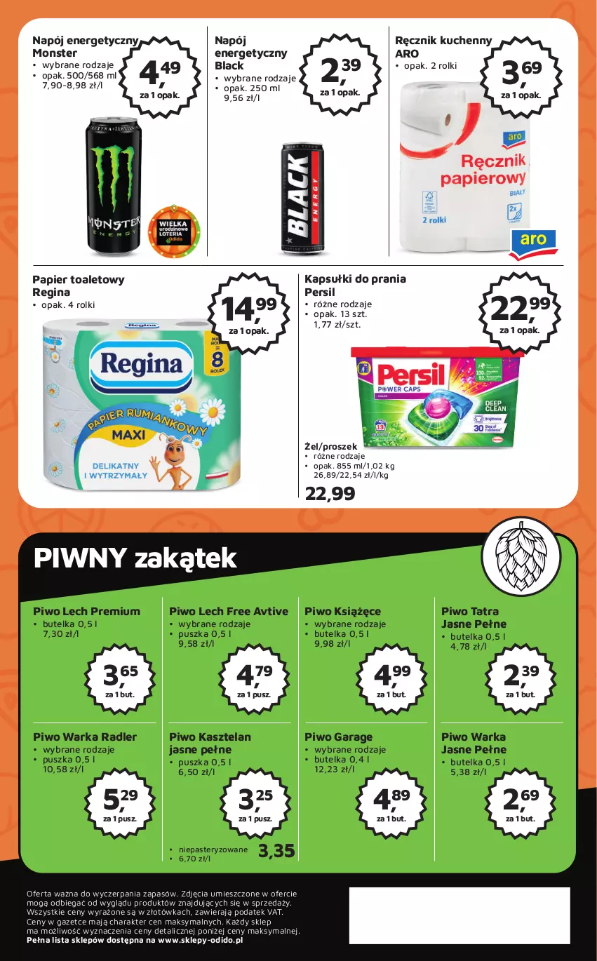 Gazetka promocyjna Odido - Gazetka - ważna 25.08 do 07.09.2023 - strona 8 - produkty: Gin, Kapsułki do prania, Kasztelan, Książęce, Lack, Lech Premium, Napój, Napój energetyczny, Papier, Papier toaletowy, Persil, Piwo, Radler, Ręcznik, Ręcznik kuchenny, Rolki, Tatra, Warka