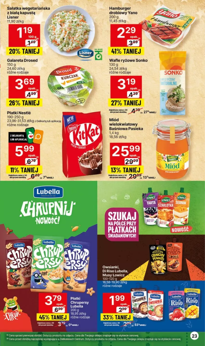 Gazetka promocyjna Delikatesy Centrum - Dyskontowe ceny w Delikatesach Centrum - ważna 30.11 do 06.12.2023 - strona 23 - produkty: Bell, Bella, Burger, Danio, Fa, Gala, Hamburger, Kapustą, Lisner, Lubella, Miód, Mus, Rum, Ryż, Sałat, Sałatka, Sonko, Top, Wafle