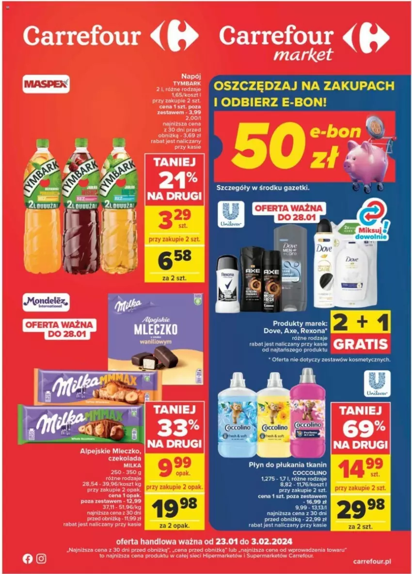 Gazetka promocyjna Carrefour - ważna 23.01 do 03.02.2024 - strona 1 - produkty: Coccolino, Czekolada, Dove, Kosz, Mleczko, Płyn do płukania, Rexona, Tymbark