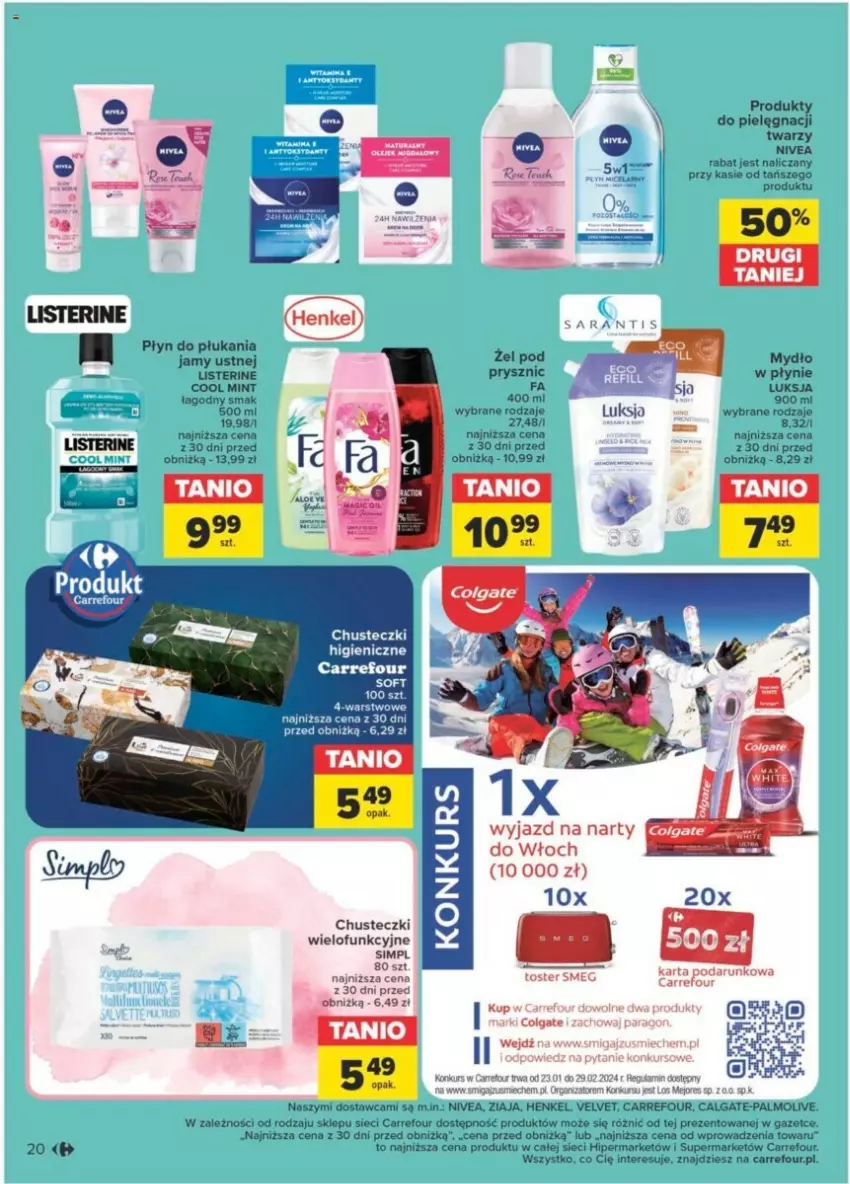 Gazetka promocyjna Carrefour - ważna 23.01 do 03.02.2024 - strona 15 - produkty: Chusteczki, Colgate, Fa, LG, Listerine, Luksja, Mydło, Nivea, Palmolive, Płyn do płukania, Toster, Velvet, Ziaja