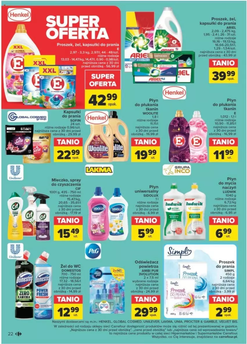 Gazetka promocyjna Carrefour - ważna 23.01 do 03.02.2024 - strona 17 - produkty: Ambi Pur, Ariel, Cif, Domestos, Kapsułki do prania, Ludwik, Miecz, Odświeżacz powietrza, Płyn do mycia, Płyn do płukania, Pur, Sidolux, Spray do czyszczenia, Velvet, Woolite