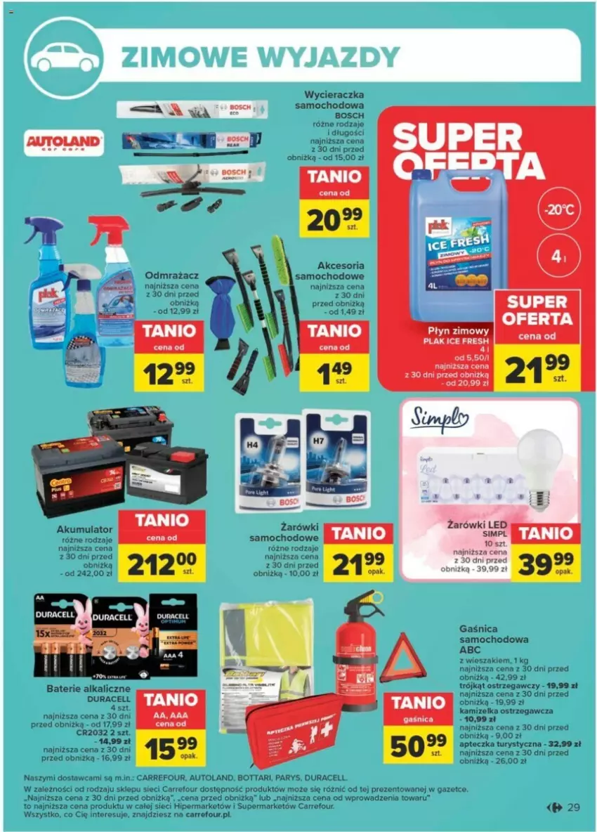 Gazetka promocyjna Carrefour - ważna 23.01 do 03.02.2024 - strona 25 - produkty: Akumulator, Baterie alkaliczne, Bosch, Duracell, Gaśnica, Kamizelka, Płyn zimowy, Trójkąt ostrzegawczy, Wieszak, Wycieraczka