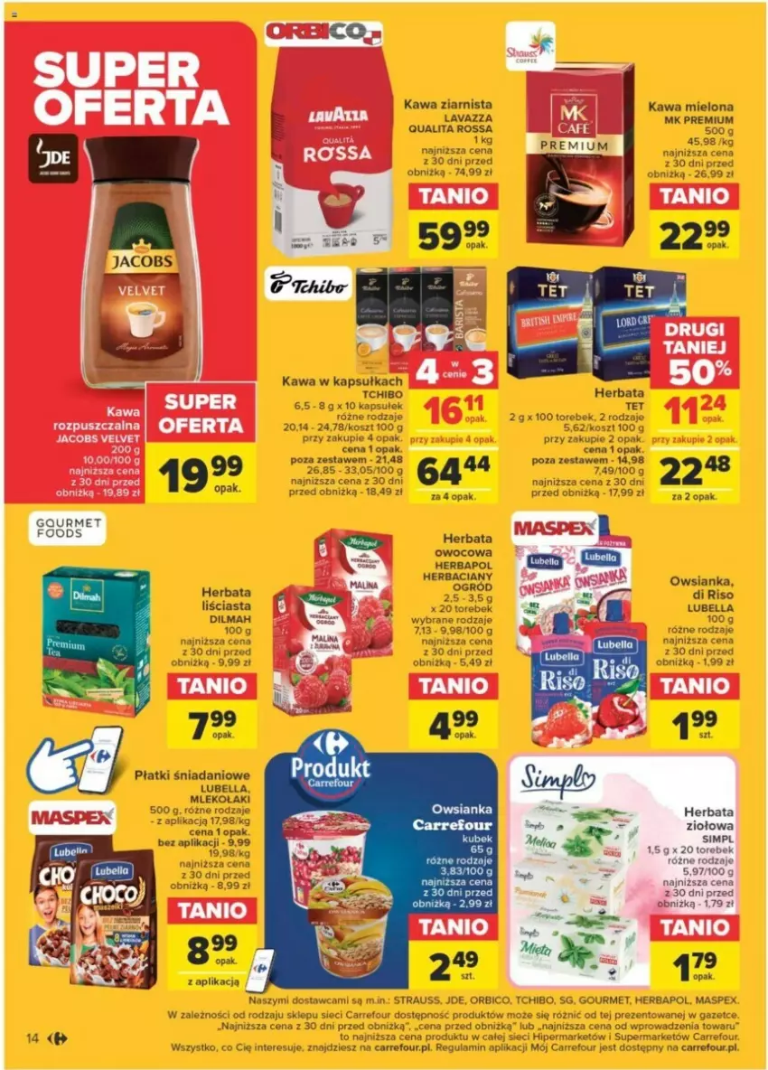 Gazetka promocyjna Carrefour - ważna 23.01 do 03.02.2024 - strona 8 - produkty: Bell, Bella, BIC, Danio, Dilmah, Herbapol, Herbata, Herbata owocowa, Jacobs, Jacobs Velvet, Kawa, Kawa mielona, Kawa ziarnista, Kosz, Lavazza, Lubella, Mleko, Ogród, Owsianka, Tchibo, Velvet