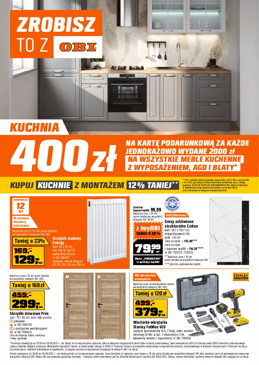 Gazetka promocyjna Obi - Gazetka OBI - ważna 20.08 do 09.09.2025 - strona 1 - produkty: Akumulator, Dres, Drzwi, Fa, Gres, Grzejnik, Grzejnik stalowy, Kuchnia, Meble, Organizer, Skrzydło drzwiowe, Sok, Tarka, Telefon, Walizka, Warka, Wkręt, Wkrętarka