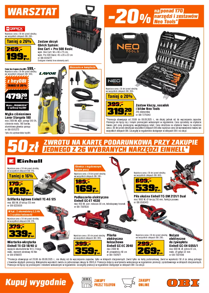 Gazetka promocyjna Obi - Gazetka OBI - ważna 20.08 do 09.09.2025 - strona 15 - produkty: Akumulator, Einhell, Kasza, Myjka ciśnieniowa, Noż, Nożyce, Ser, Sok, Szlifierka, Szlifierka kątowa, Tarka, Telefon, Teleskop, Wkręt, Wkrętarka, Zestaw kluczy