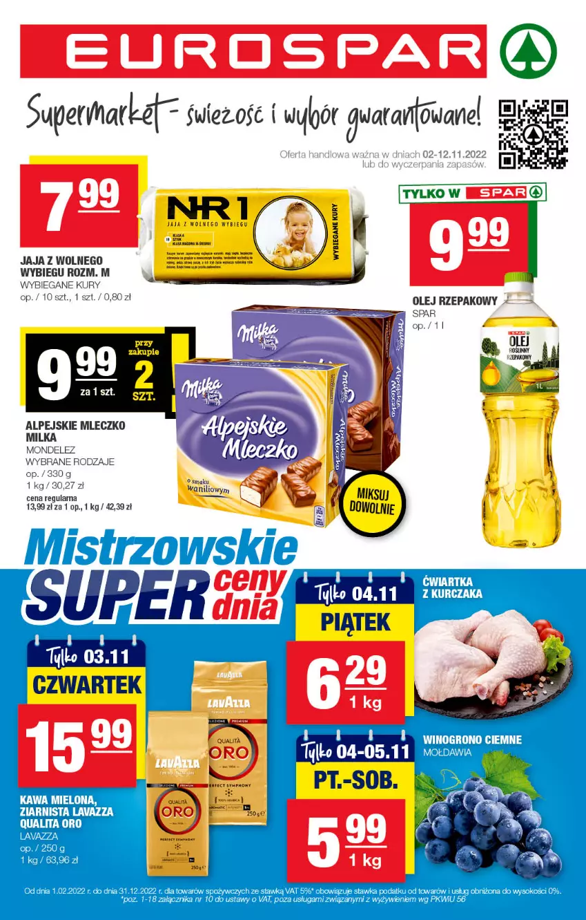 Gazetka promocyjna Spar - EuroSpar - ważna 30.10 do 09.11.2022 - strona 1 - produkty: Jaja, Jaja z wolnego wybiegu, Lavazza, LG, Milka, Mleczko, Sok