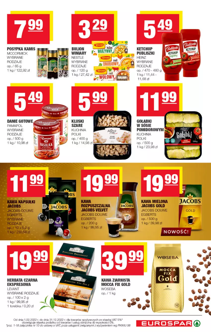 Gazetka promocyjna Spar - EuroSpar - ważna 30.10 do 09.11.2022 - strona 13 - produkty: Bulion, Heinz, Herbata, Herbata czarna, Jacobs, Jacobs Velvet, Kamis, Kawa, Kawa mielona, Kawa ziarnista, Ketchup, Kuchnia, Lion, Mocca Fix Gold, Pudliszki, Sok, Sos, Torebka, Velvet, Winiary, Woseba