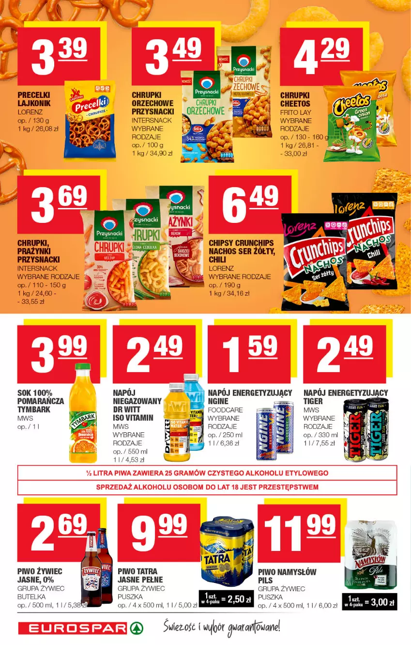 Gazetka promocyjna Spar - EuroSpar - ważna 30.10 do 09.11.2022 - strona 14 - produkty: Cheetos, Chipsy, Chrupki, Crunchips, Gin, Lajkonik, Lorenz, Namysłów, Napój, Piwo, Precelki, Przysnacki, Ser, Sok, Tatra, Tiger, Tymbark