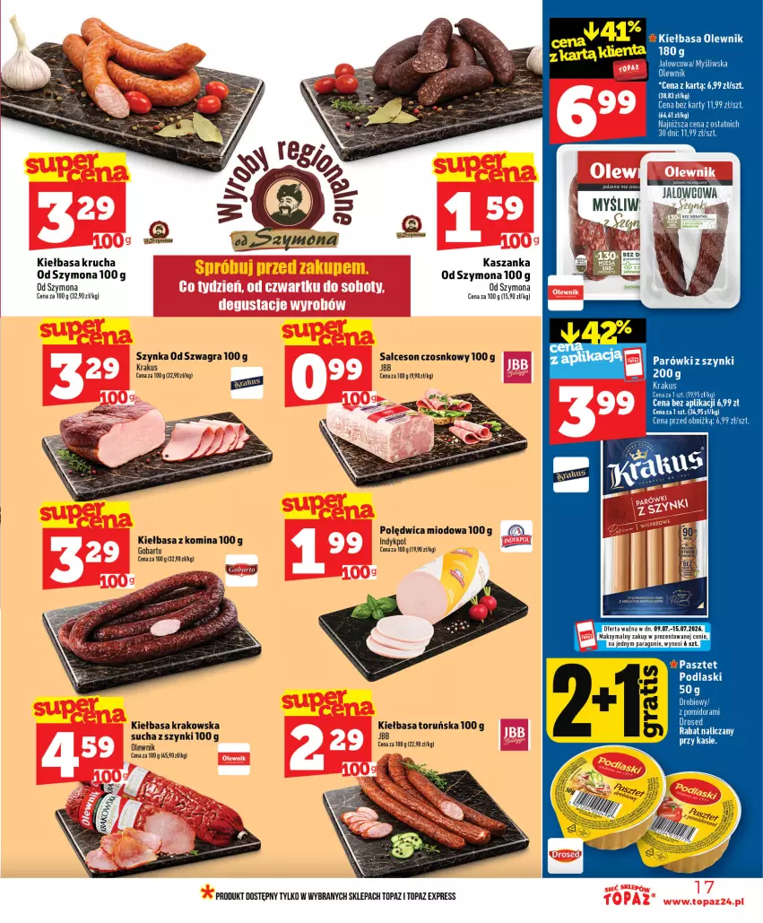 Gazetka promocyjna Topaz - Gazetka - ważna 09.07 do 15.07.2026 - strona 17 - produkty: Gra, Kasza, Kaszanka, Kiełbasa, Kiełbasa krakowska, Kiełbasa krucha, Koc, Krakus, Olewnik, Parówki, Parówki z szynki, Pasztet, Podlaski, Polędwica, Salceson, Szynka, Top