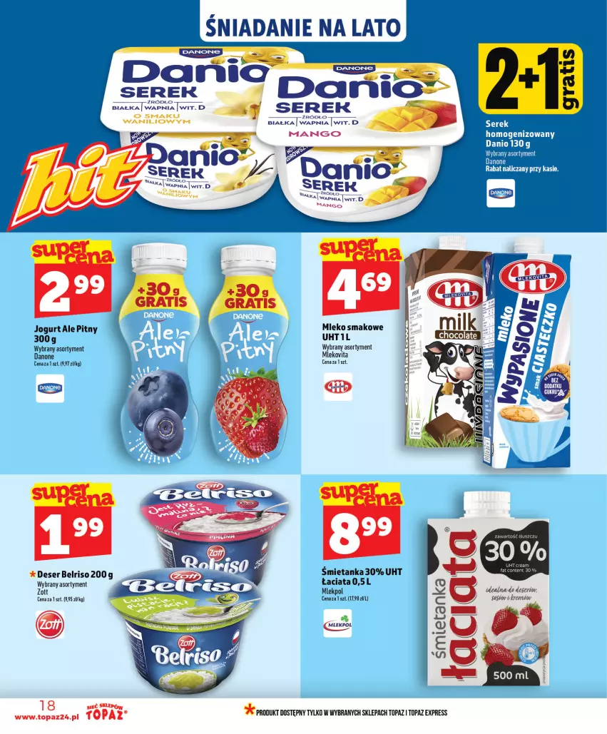 Gazetka promocyjna Topaz - Gazetka - ważna 09.07 do 15.07.2026 - strona 18 - produkty: Belriso, Danio, Danone, Deser, Jogurt, Mango, Mleko, Mleko smakowe, Mlekovita, Ser, Serek, Top, Vita C, Zott