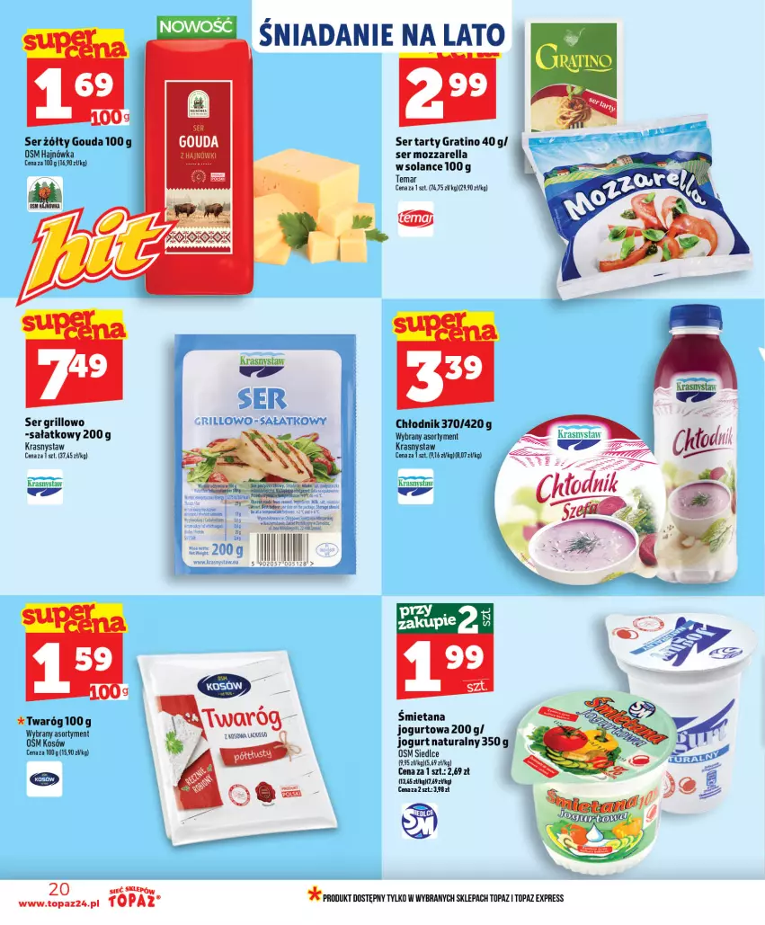 Gazetka promocyjna Topaz - Gazetka - ważna 09.07 do 15.07.2026 - strona 20 - produkty: Gouda, Gra, Grill, Jogurt, Jogurt naturalny, Mozzarella, Sałat, Ser, Solan, Top, Twaróg