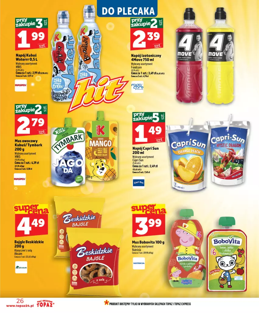 Gazetka promocyjna Topaz - Gazetka - ważna 09.07 do 15.07.2026 - strona 26 - produkty: Aksam, Bajgle, Beskidzki, BoboVita, Kubuś, Mus, Napój, Napój izotoniczny, Top, Tymbark