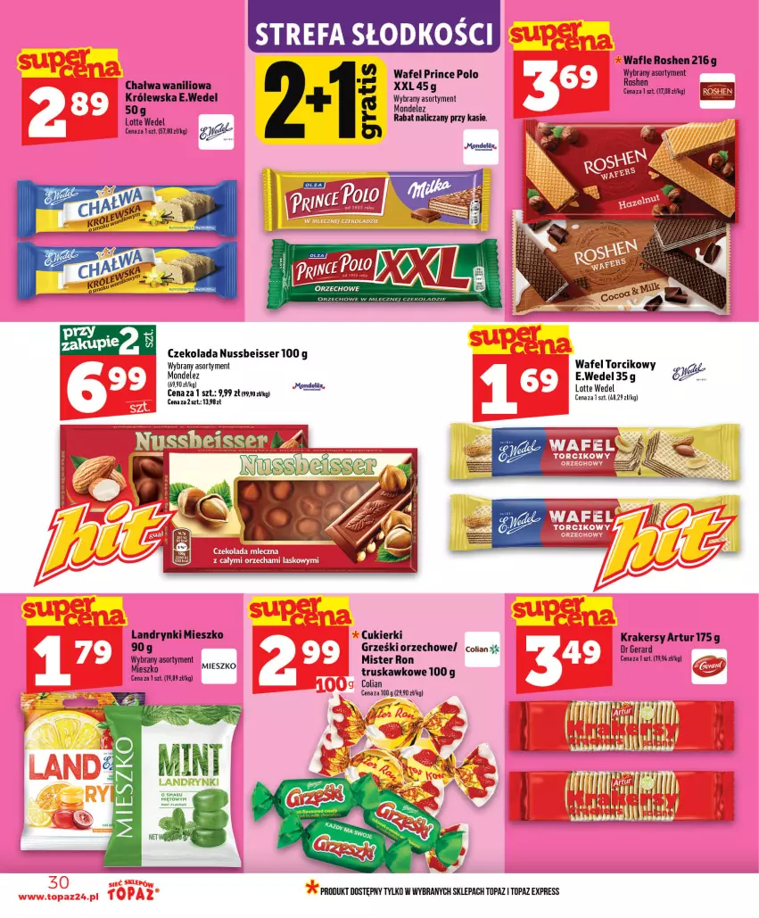 Gazetka promocyjna Topaz - Gazetka - ważna 09.07 do 15.07.2026 - strona 30 - produkty: Artur, Chałwa, Cukier, Cukierki, Dr Gerard, Fa, Grześki, Krakersy, Prince Polo, Top, Wafle