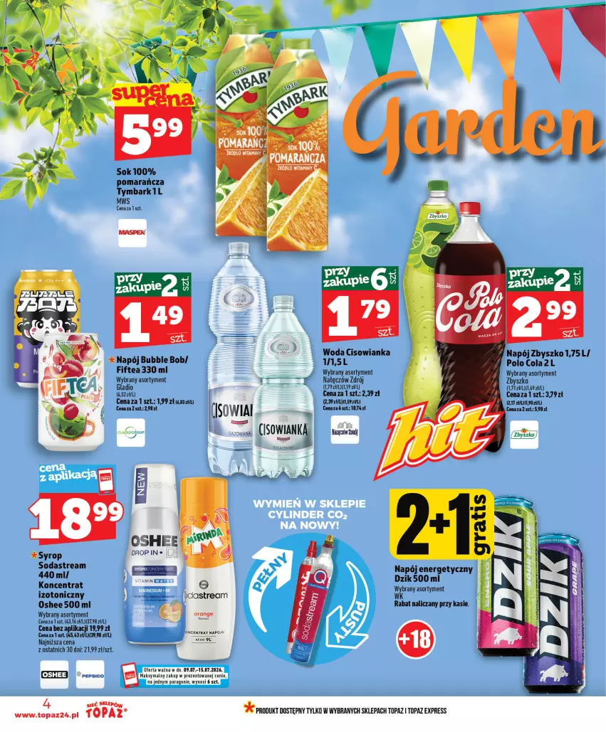 Gazetka promocyjna Topaz - Gazetka - ważna 09.07 do 15.07.2026 - strona 4 - produkty: Cisowianka, Napój, Napój energetyczny, Oshee, Sok, Syrop, Top, Tymbark, Woda