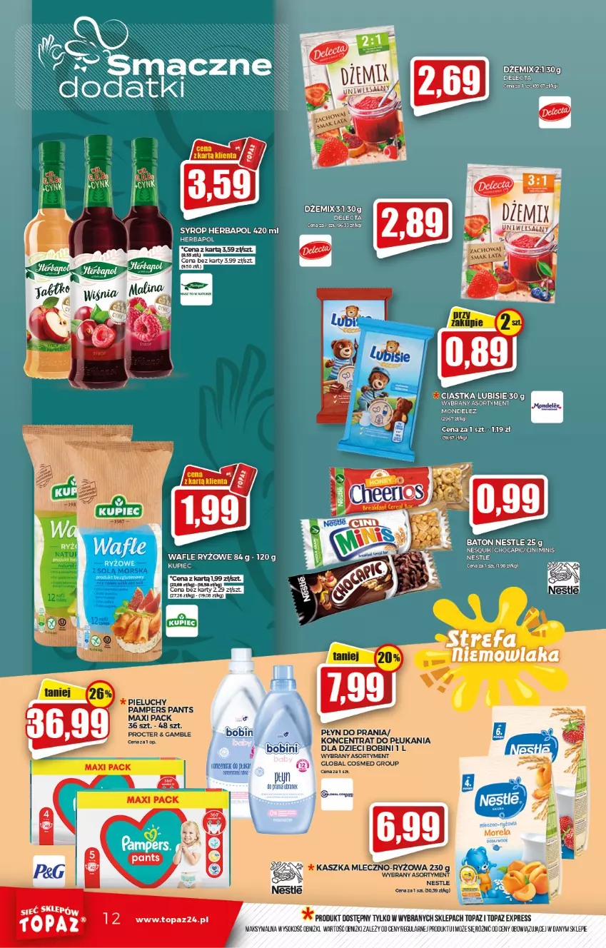 Gazetka promocyjna Topaz - Gazetka - ważna 05.08 do 11.08.2021 - strona 12 - produkty: Baton, Ciastka, Cini Minis, Delecta, Dżem, Fa, Herbapol, Kupiec, Lubisie, Nesquik, Piec, Pieluchy, Ryż, Sok, Syrop, Top, Wafle