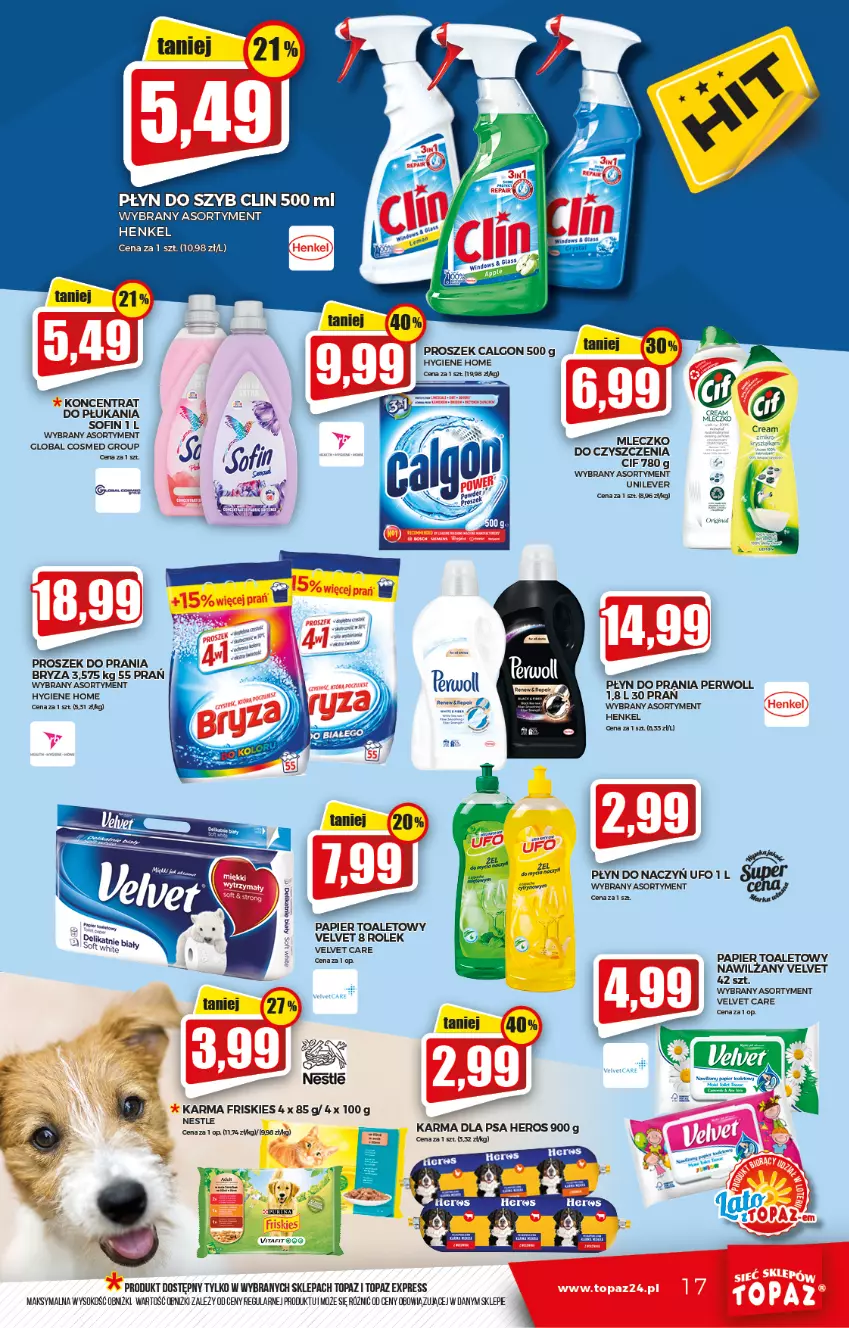 Gazetka promocyjna Topaz - Gazetka - ważna 05.08 do 11.08.2021 - strona 17 - produkty: Bryza, Calgon, Cif, Clin, Friskies, LG, Papier, Papier toaletowy, Perwoll, Płyn do prania, Płyn do szyb, Proszek do prania, Sok, Top, Velvet