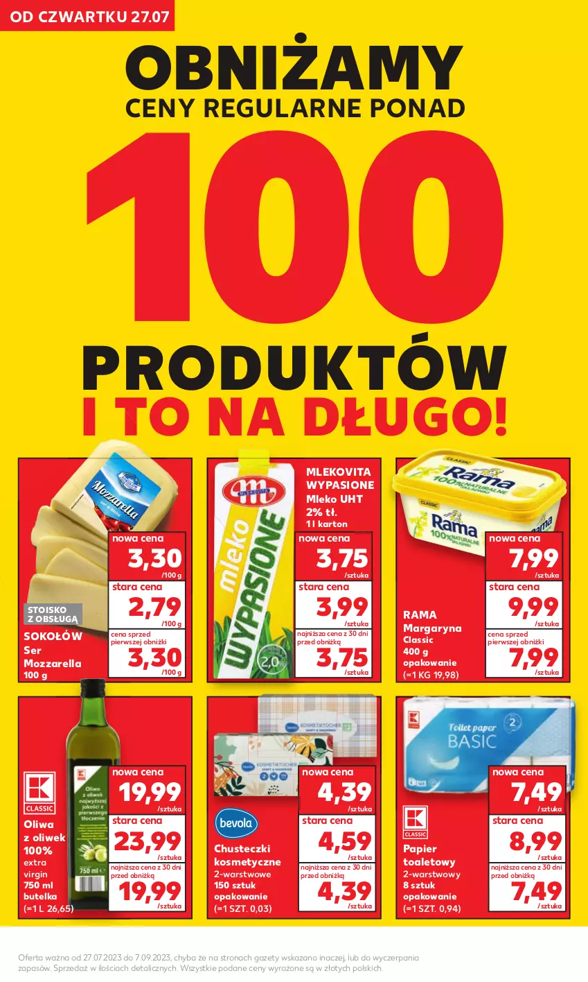 Gazetka promocyjna Kaufland - Kaufland - ważna 27.07 do 09.08.2023 - strona 14 - produkty: Chusteczki, Chusteczki kosmetyczne, Gin, Margaryna, Mleko, Mlekovita, Mozzarella, Oliwa z oliwek, Papier, Papier toaletowy, Rama, Ser, Sok, Sokołów