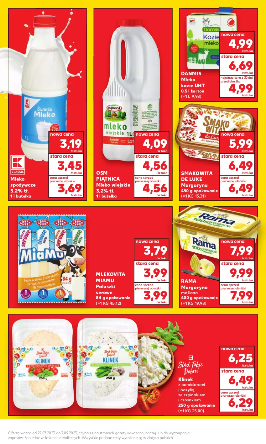 Gazetka promocyjna Kaufland - Kaufland - ważna 27.07 do 09.08.2023 - strona 3 - produkty: Bazyl, LANA, Margaryna, Mleko, Mleko kozie, Mlekovita, Piątnica, Rama, Ser, Smakowita, Szpinak