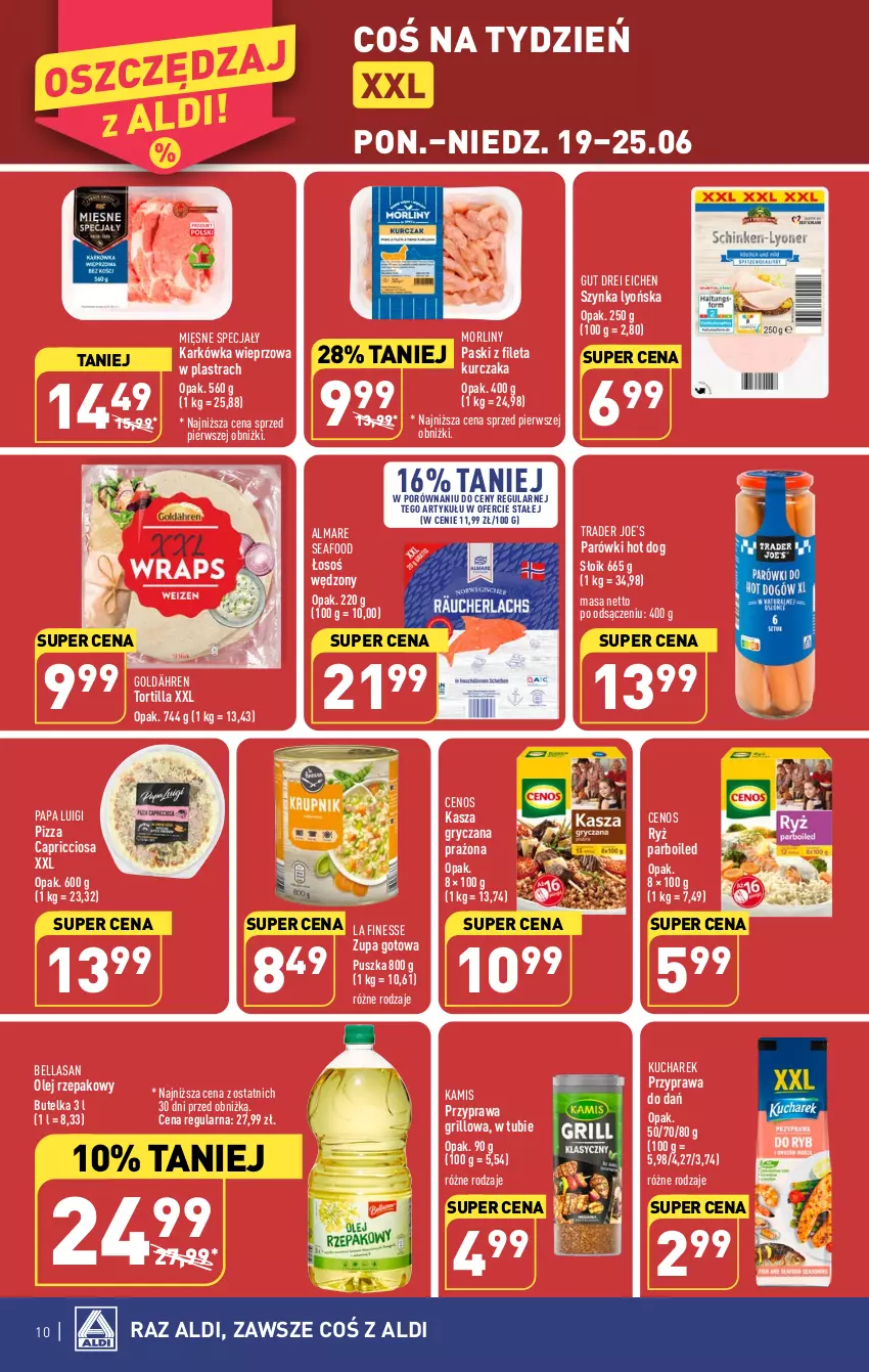 Gazetka promocyjna Aldi - Pełen katalog od 19.06 - ważna 19.06 do 25.06.2023 - strona 10 - produkty: Bell, Bella, Cenos, Grill, Gry, Hot dog, Kamis, Karkówka wieprzowa, Kasza, Kasza gryczana, Kucharek, Kurczak, Mięsne specjały, Morliny, Olej, Olej rzepakowy, Parówki, Parówki hot dog, Pizza, Por, Ryż, Ryż parboiled, Szynka, Tortilla, Zupa