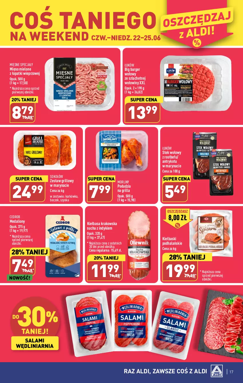 Gazetka promocyjna Aldi - Pełen katalog od 19.06 - ważna 19.06 do 25.06.2023 - strona 17 - produkty: Boczek, Burger, Grill, Kiełbasa, Kiełbasa krakowska, Lion, Mięsne specjały, Mięso, Mięso mielone, Mięso mielone z łopatki wieprzowej, Morliny, Rostbef, Salami, Sok, Sokołów, Stek, Stek wołowy, Szynka