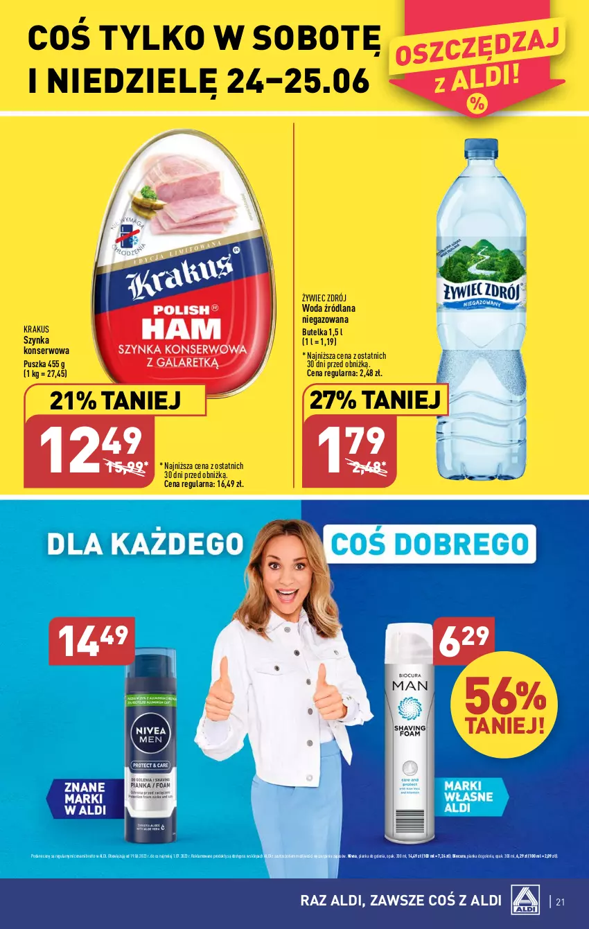 Gazetka promocyjna Aldi - Pełen katalog od 19.06 - ważna 19.06 do 25.06.2023 - strona 21 - produkty: Krakus, LANA, Nivea, Pianka do golenia, Ser, Szynka, Szynka konserwowa, Woda