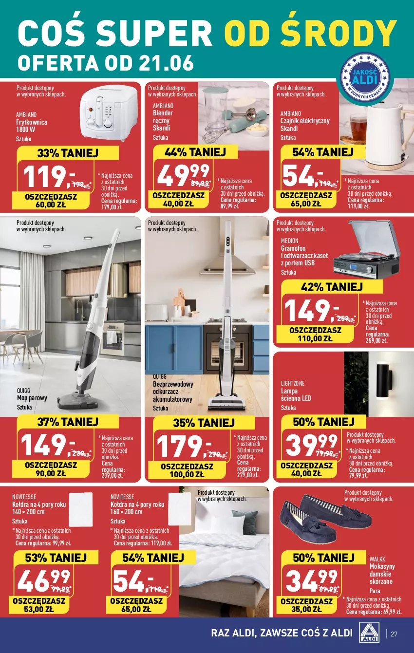 Gazetka promocyjna Aldi - Pełen katalog od 19.06 - ważna 19.06 do 25.06.2023 - strona 27 - produkty: Akumulator, Blender, Blender ręczny, Czajnik, Czajnik elektryczny, Gra, Kołdra, Lampa, Lampa ścienna, Mokasyny, Mop, Mop parowy, Odkurzacz, Por