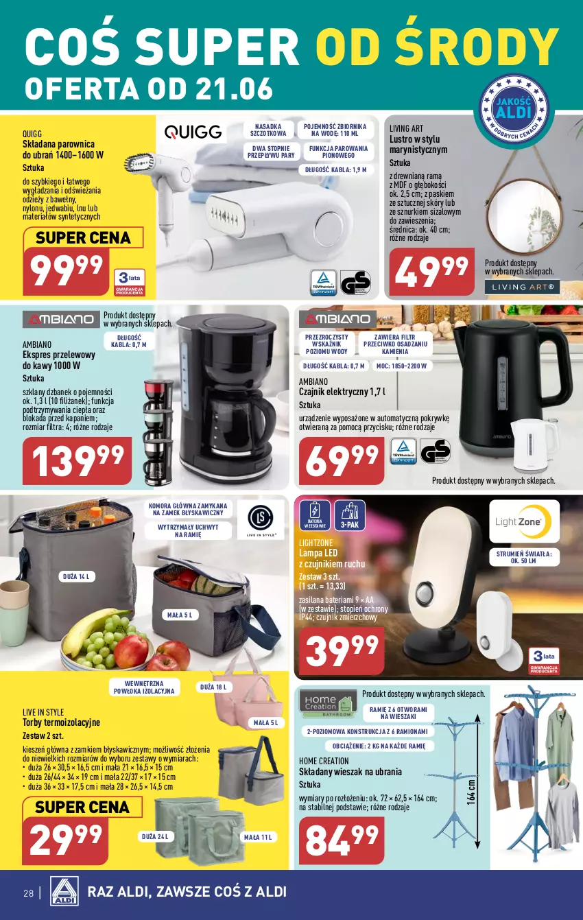 Gazetka promocyjna Aldi - Pełen katalog od 19.06 - ważna 19.06 do 25.06.2023 - strona 28 - produkty: Bateria, Czajnik, Czajnik elektryczny, Dzbanek, Ekspres przelewowy, Lampa, Lampa LED, LANA, Lustro, Parownica, Rum, Silan, Top, Ubrania, Wieszak