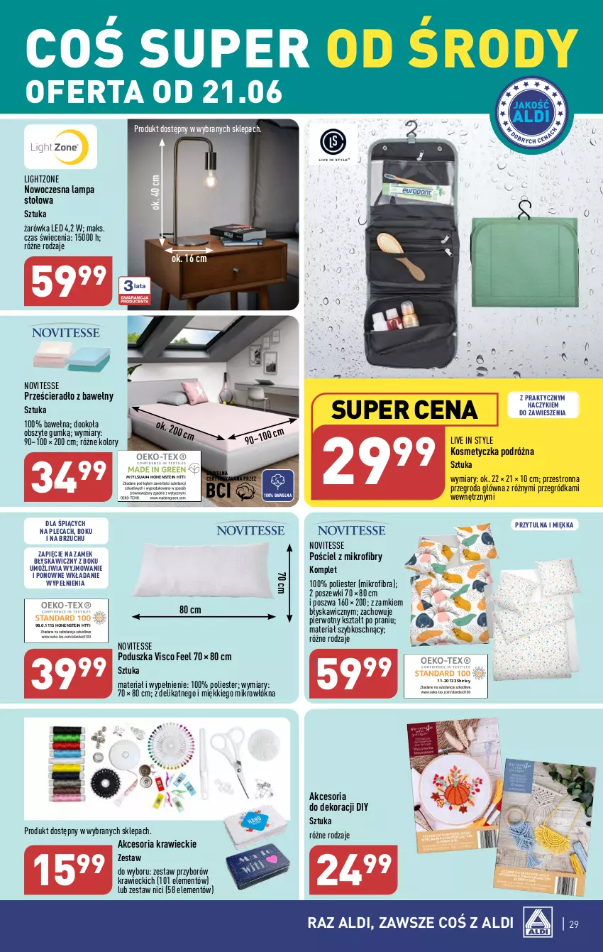 Gazetka promocyjna Aldi - Pełen katalog od 19.06 - ważna 19.06 do 25.06.2023 - strona 29 - produkty: Haczyk, Kosmetyczka, Lampa, Lampa stołowa, Poduszka, Pościel, Prześcieradło, Wełna