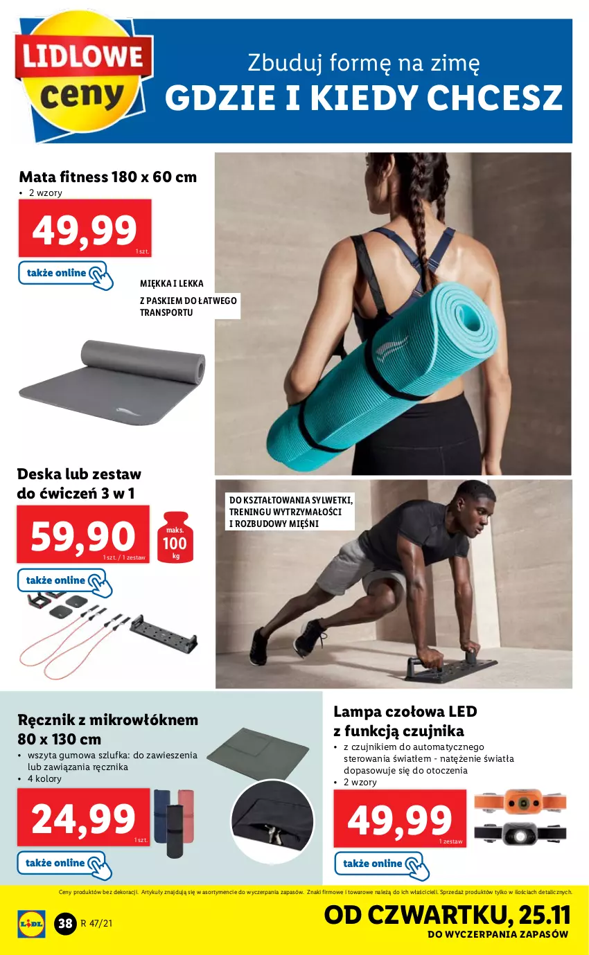 Gazetka promocyjna Lidl - GAZETKA - ważna 22.11 do 28.11.2021 - strona 38 - produkty: Akumulator, Lampa, Por, Ręcznik, Sport, Tran