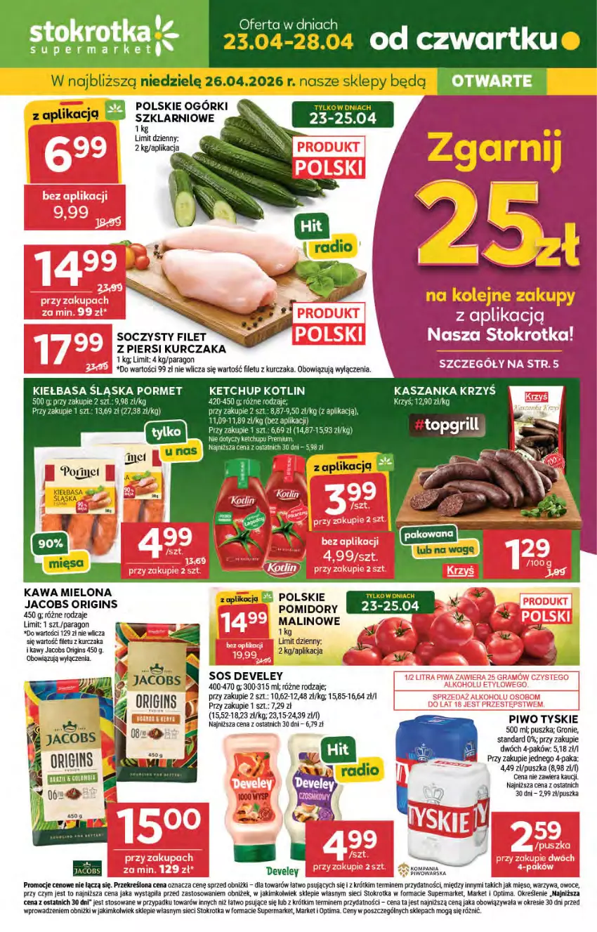 Gazetka promocyjna Stokrotka - Supermarket - ważna 23.04 do 28.04.2026 - strona 1 - produkty: Filet z piersi kurczaka, Gin, Jacobs, JBL, Kasza, Kaszanka, Kawa, Kawa mielona, Ketchup, Kiełbasa, Kiełbasa śląska, Kotlin, Kurczak, LG, Mięso, Optima, Owoce, Piwo, Por, Sos, Tyskie, Warzywa