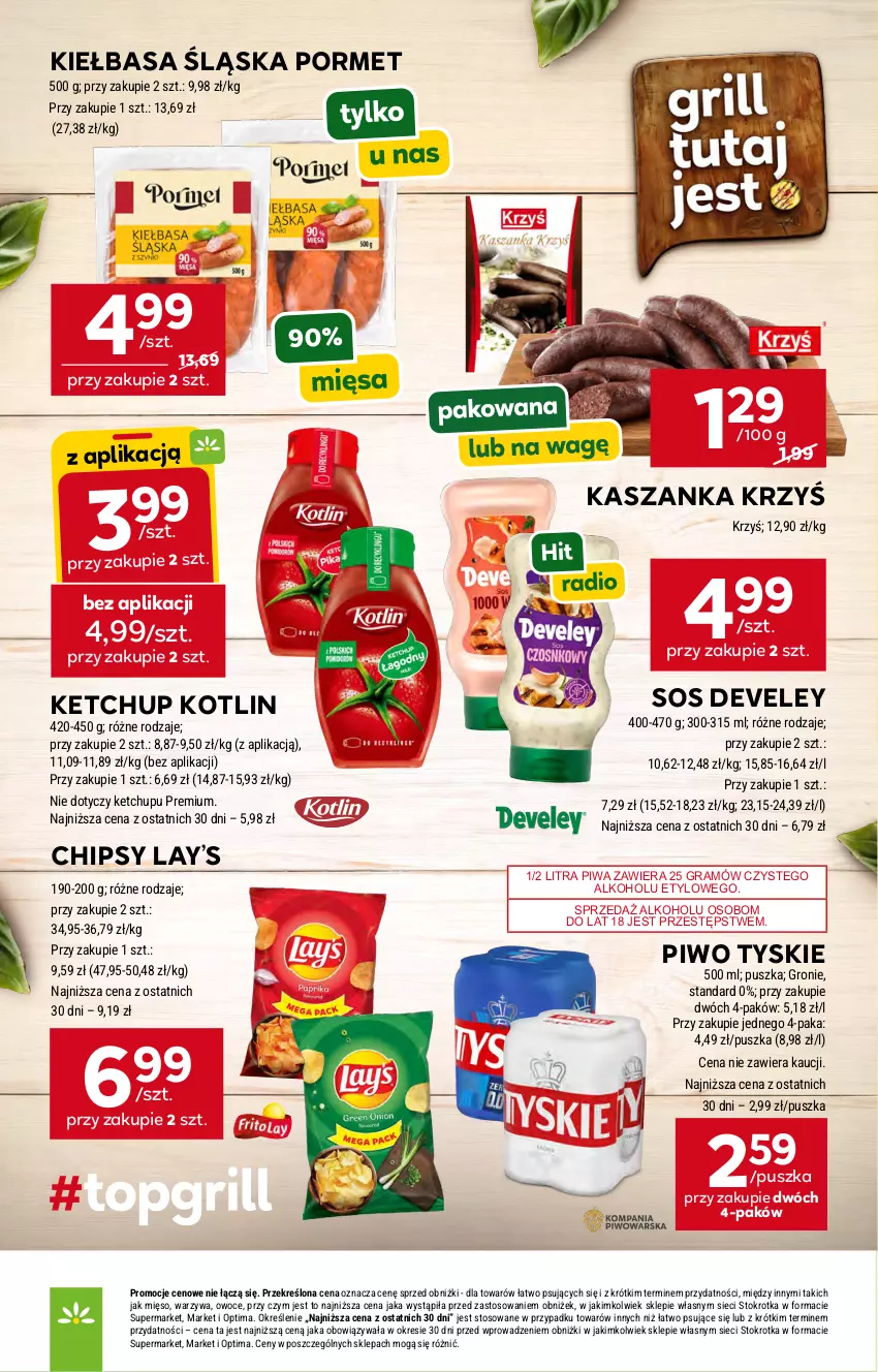 Gazetka promocyjna Stokrotka - Supermarket - ważna 23.04 do 28.04.2026 - strona 15 - produkty: Chipsy, Gra, Kasza, Kaszanka, Ketchup, Kiełbasa, Kiełbasa śląska, Kotlin, Lay’s, Mięso, Optima, Owoce, Piwa, Piwo, Por, Sos, Tyskie, Warzywa