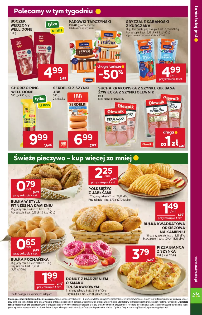 Gazetka promocyjna Stokrotka - Supermarket - ważna 23.04 do 28.04.2026 - strona 21 - produkty: Boczek, Bułka, Donut, Gry, Jabłka, Kabanos, Kiełbasa, Kurczak, Mięso, Olewnik, Optima, Owoce, Parówki, Piec, Pieczywo, Pizza, Ser, Serdelki, Tarczyński, Warzywa