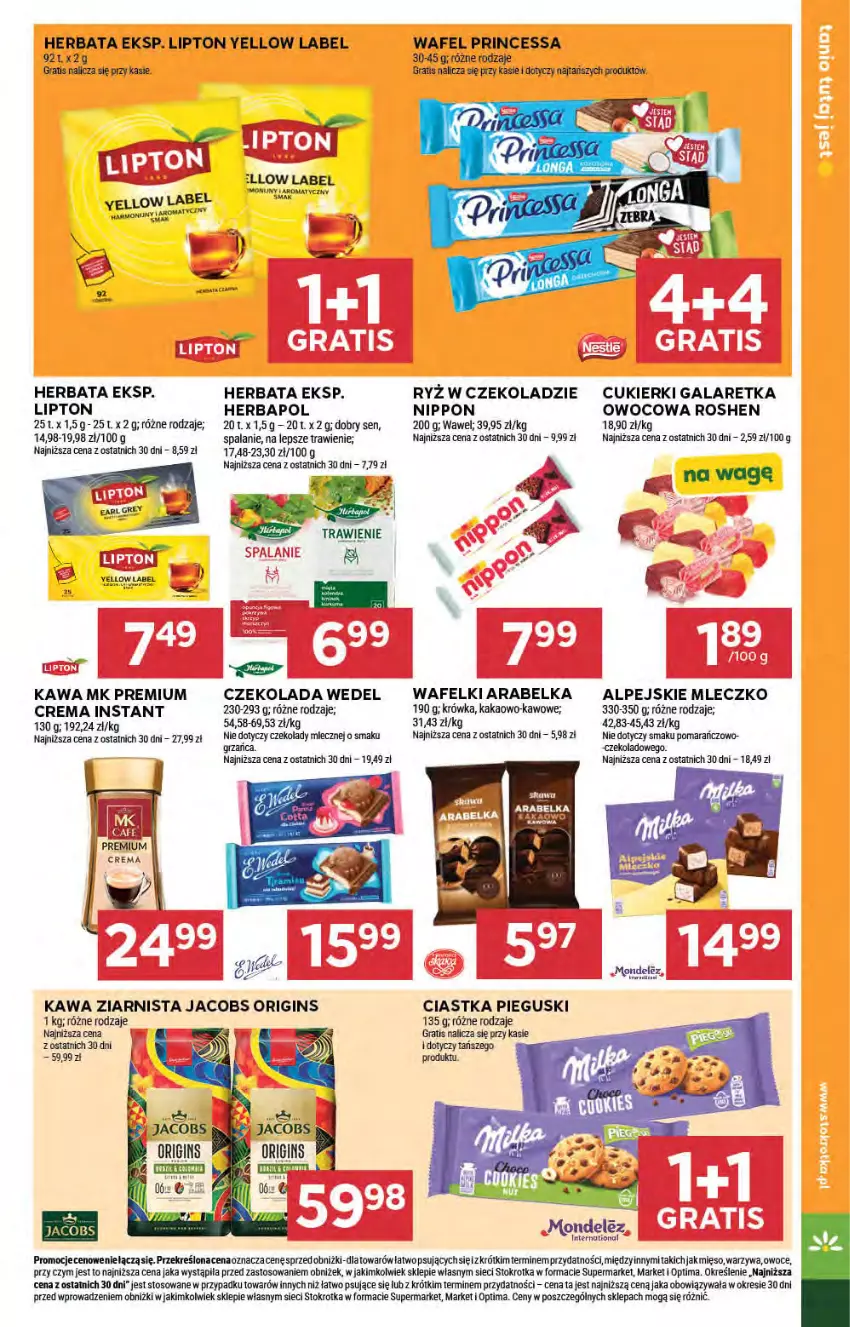 Gazetka promocyjna Stokrotka - Supermarket - ważna 23.04 do 28.04.2026 - strona 27 - produkty: Ciastka, Cukier, Cukierki, Czekolada, Gala, Galaretka, Gin, Gra, Herbapol, Herbata, Jacobs, Kakao, Kawa, Kawa ziarnista, Lipton, Mięso, Mleczko, Optima, Owoce, Princessa, Ryż, Warzywa, Wawel