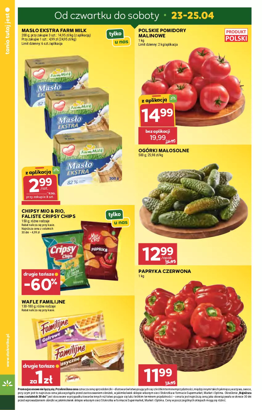Gazetka promocyjna Stokrotka - Supermarket - ważna 23.04 do 28.04.2026 - strona 4 - produkty: Chipsy, Fa, Farm Milk, Masło, Mięso, Optima, Owoce, Papryka, Papryka czerwona, Pomidory, Wafle, Warzywa