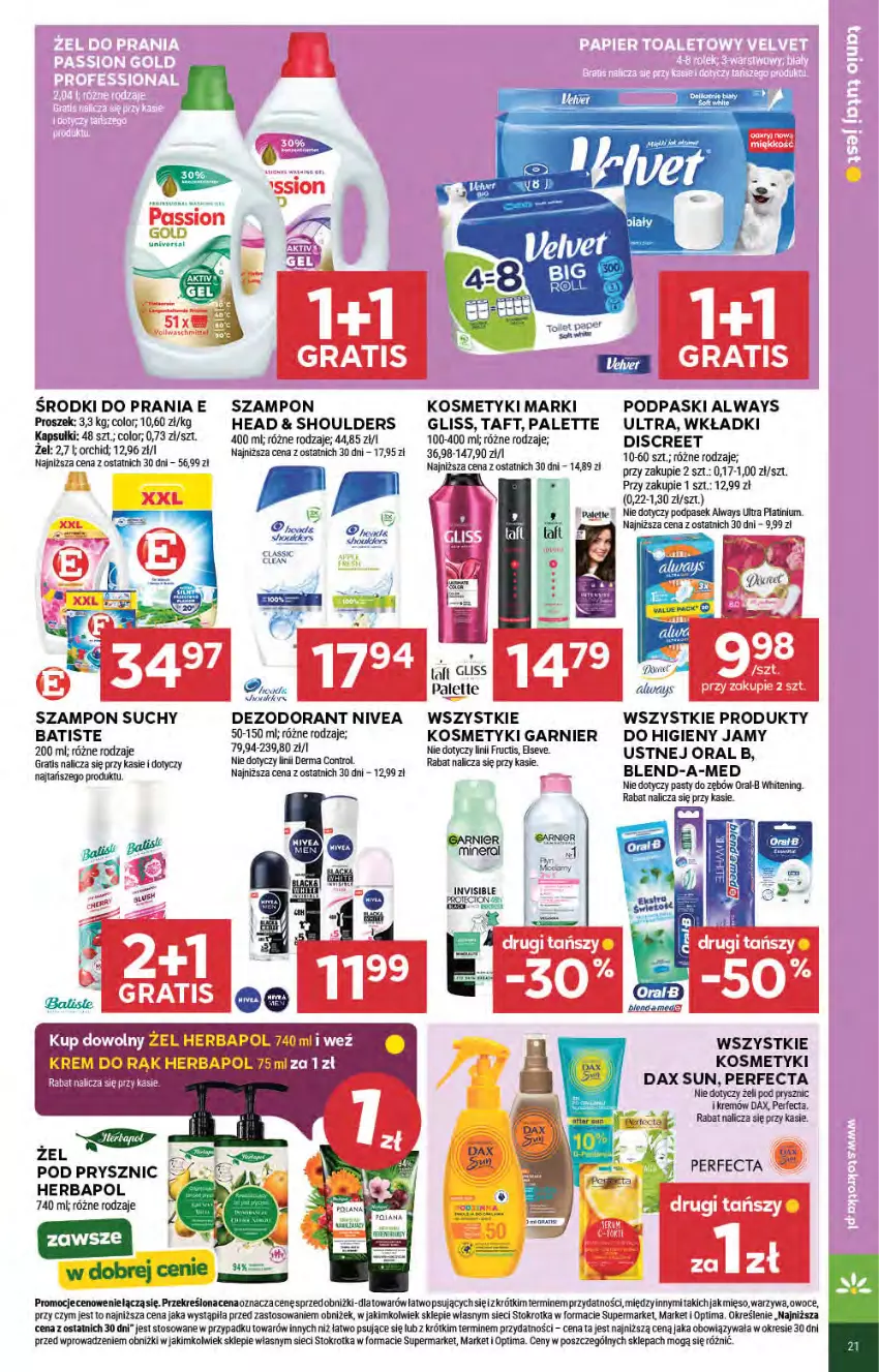 Gazetka promocyjna Stokrotka - Supermarket - ważna 23.04 do 28.04.2026 - strona 41 - produkty: Always, Always Ultra, Batiste, Blend-a-Med, Control, DAX, Dezodorant, Discreet, Elseve, Fructis, Garnier, Gra, Herbapol, Krem do rąk, Mięso, Nivea, Optima, Oral B, Owoce, Palette, Pasek, Perfecta, Podpaski, Szampon, Taft, Warzywa, Wkładki